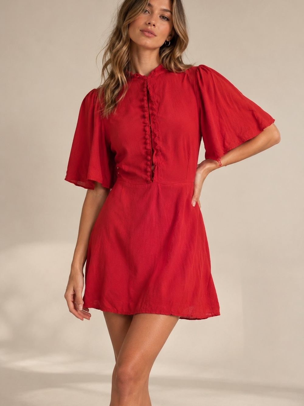 Free People Red Mini Dress Women's 0 Button Front Puff Sleeve Ruched Boho